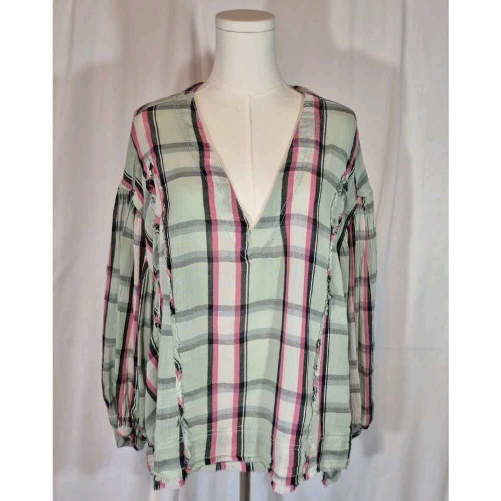 We The Free Womens Mint Green Pink Plaid Frayed Oversized Blouse Top XS